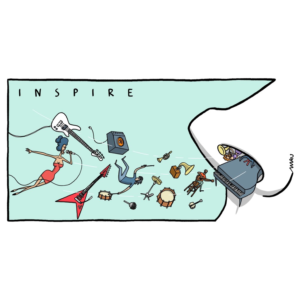cartum - sob o título “inspire”, um nariz, à direita do desenho, aspira instrumentos musicais e músicos. Em seu buraco há um piano, uma violonista e a boca de uma tuba. No ar, indo em direção ao nariz, um músico tocando seu violão sentado num banquinho, um gramofone, peças de bateria e um baterista, instrumentos de sopro, uma guitarra, um baixo e uma cantora empunhando o microfone.