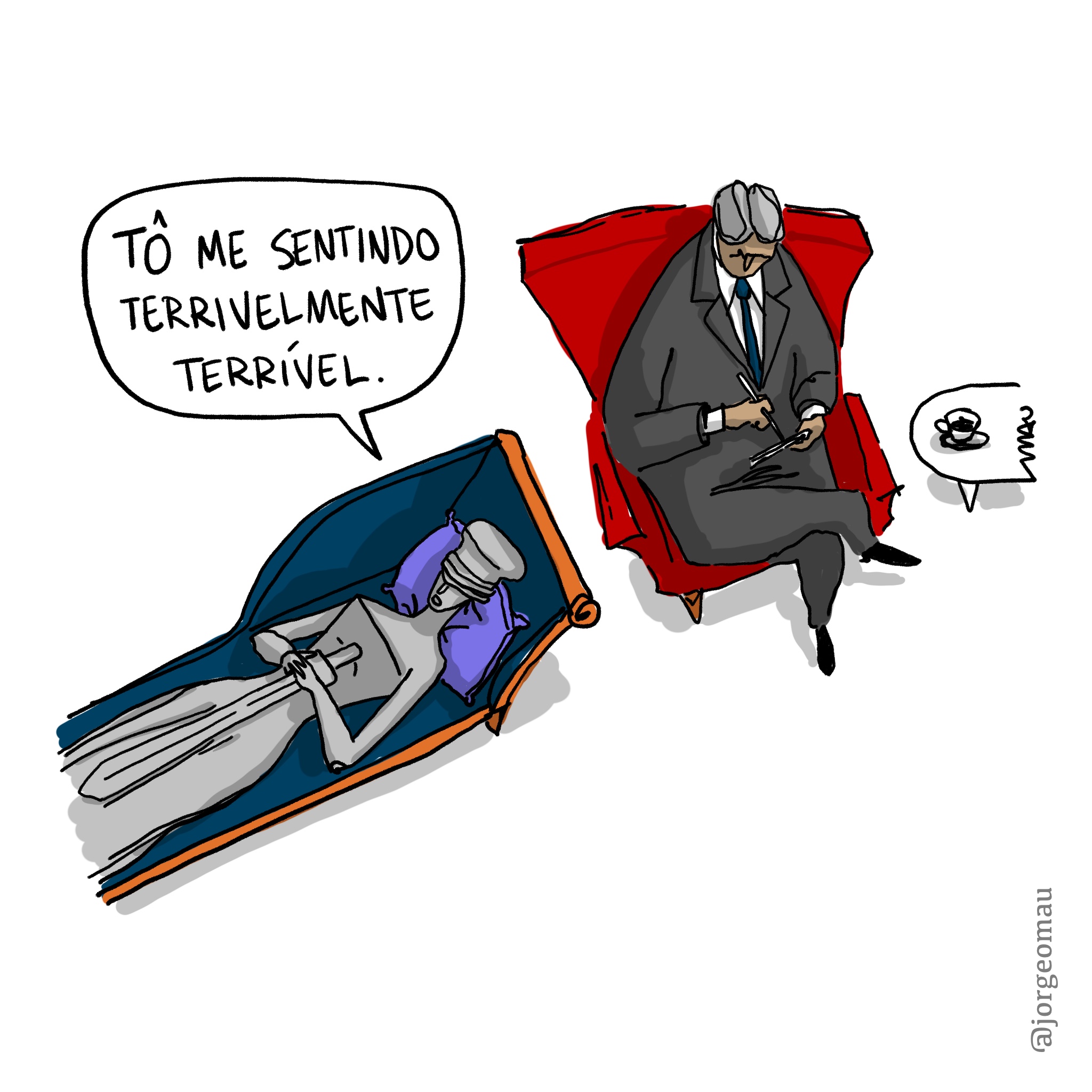charge - a justiça está deitada no divã, ao seu lado o psicanalista faz anotações. a cena é vista de cima. a justiça está dizendo: tô me sentindo terrivelmente terrível.