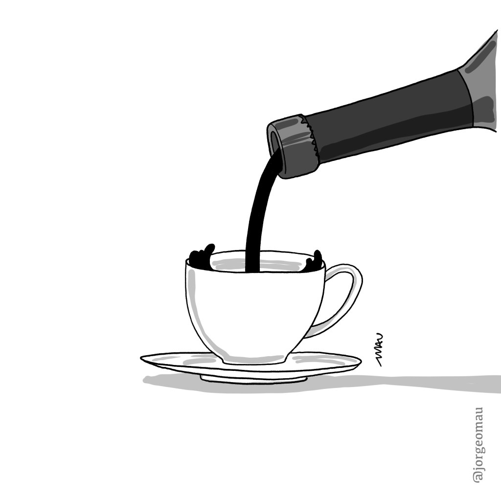 cartum - Numa xícara de café, alguém serve vinho. A xícara está no centro do desenho e parte da garrafa aparece à direita.