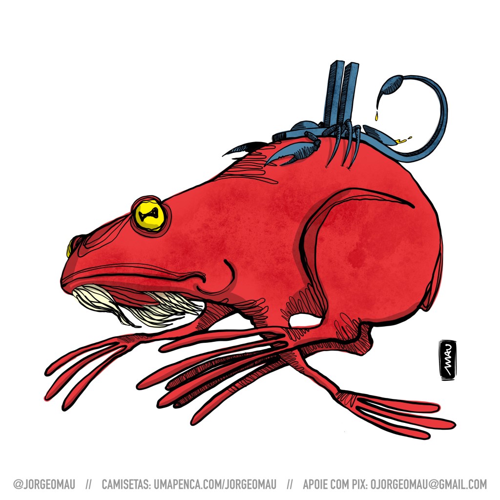 charge - um grande sapo vermelho, com barbas brancas um pouco amareladas, está em movimento, parecendo um galopar, e em suas costas há um escorpião. o corpo do escorpião é o prédio do congresso nacional e sua calda está curvada sobre a parte côncava, que está cheia do veneno que pinga do ferrão.