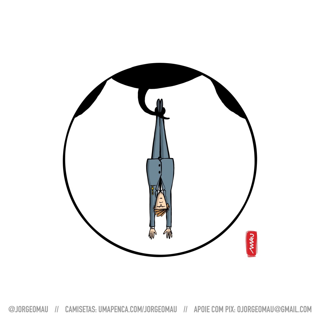 charge - a cabeça do mauro cid, estilizada em um circulo com cabelos com um “pega rapaz” que se enrola nos tornozelos do jair e o mantém pendurado de cabeça para baixo.