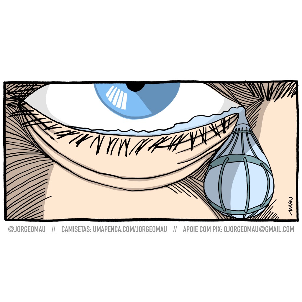 charge - de um olho azul cai uma lágrima e nela se vê o reflexo das grades de uma cela.