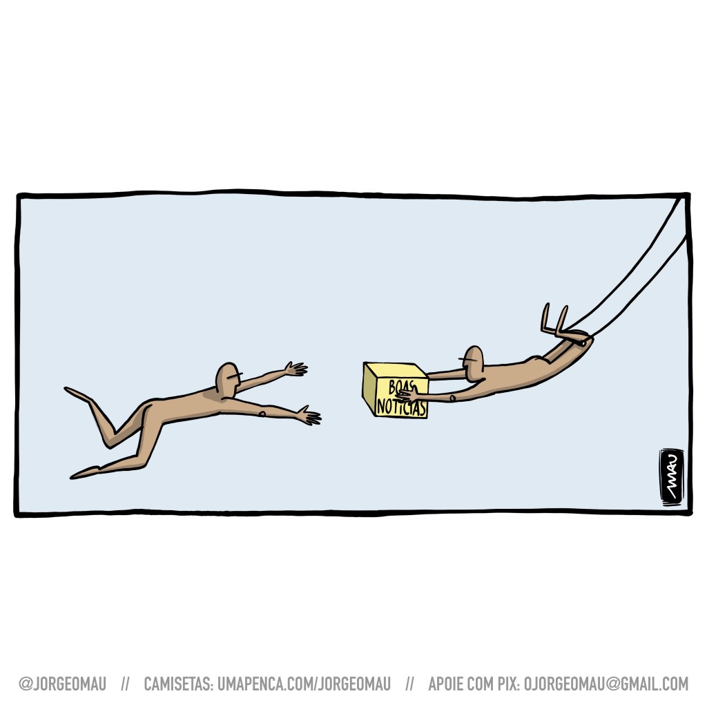 cartum - um cara, balançando pendurado pelas pernas num trapézio, está para entregar uma caixa para outro que vem de braços abertos no ar. na lateral da caixa de lê: boas notícias.