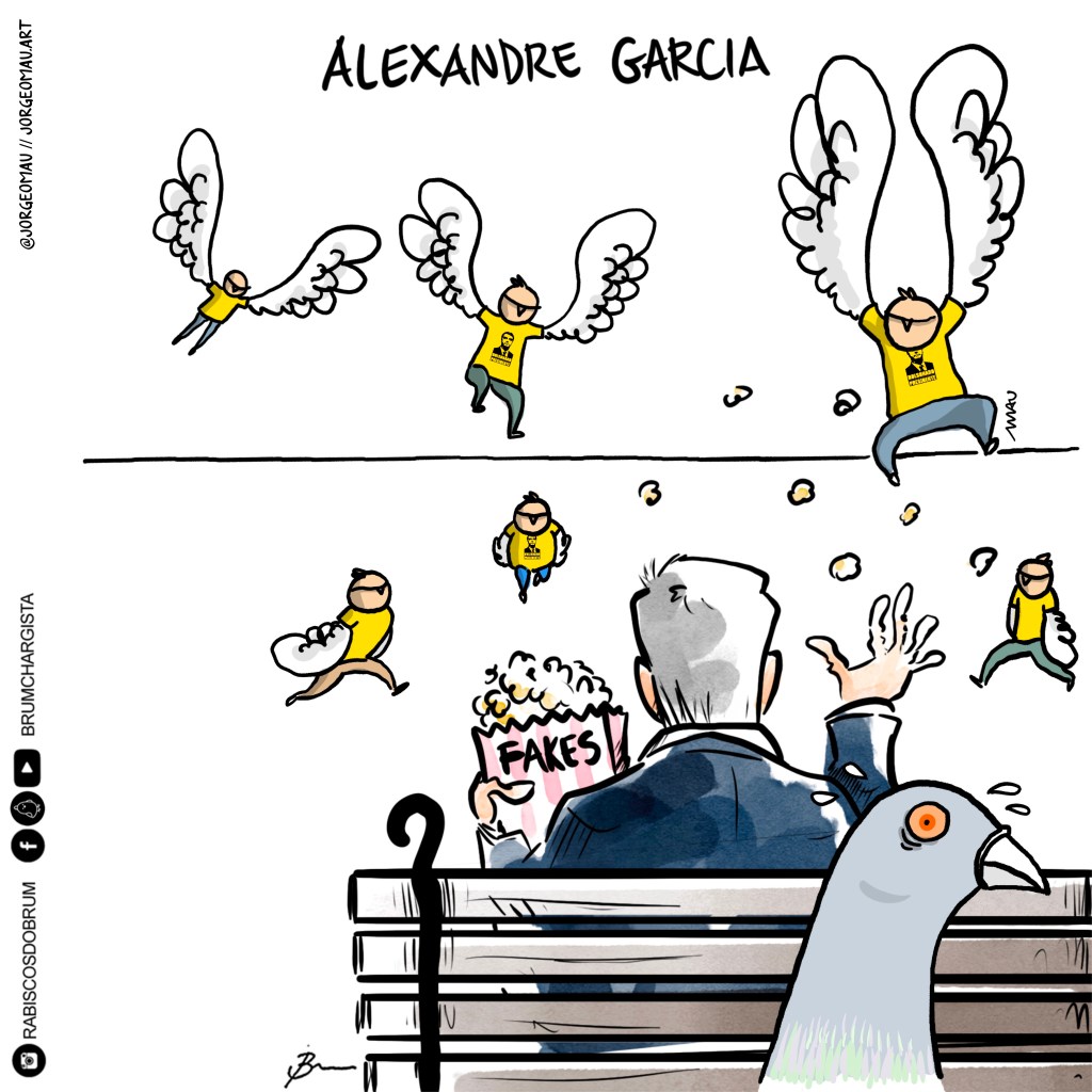 charge - Sob o título “Alexandre Garcia”, sentado num banco de praça, de costas, Alexandre segura um saquinho de pipoca com uma das mãos e joga pipoca para o alto com a outra. A sua frente, correndo e voando em sua direção, pequenos homens-pombo, vestindo camisetas amarelas, algumas com a foto do jair estampada no peito, avançam sobre as pipocas jogadas. atrás do banco, no primeiro plano, aparece a cabeça de um pombo, com olhar aflito, aparentemente angustiado com a cena.