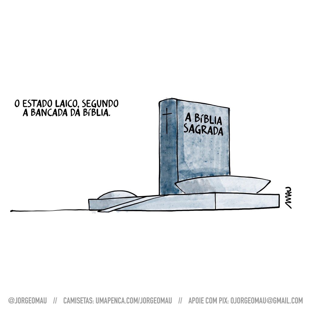 charge - com o título: o estado loco, segundo a bancada da bíblia. - no congresso nacional, visto em perspectiva, há um grande livro no lugar das torres. em sua capa se lê: a bíblia sagrada.