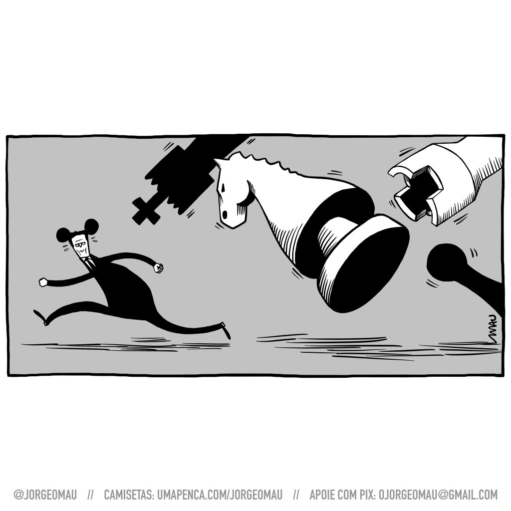 charge - serjo, em seu terno preto e usando suas orelhas de rato, corre de enormes peças de xadrez que caem sobre ele.