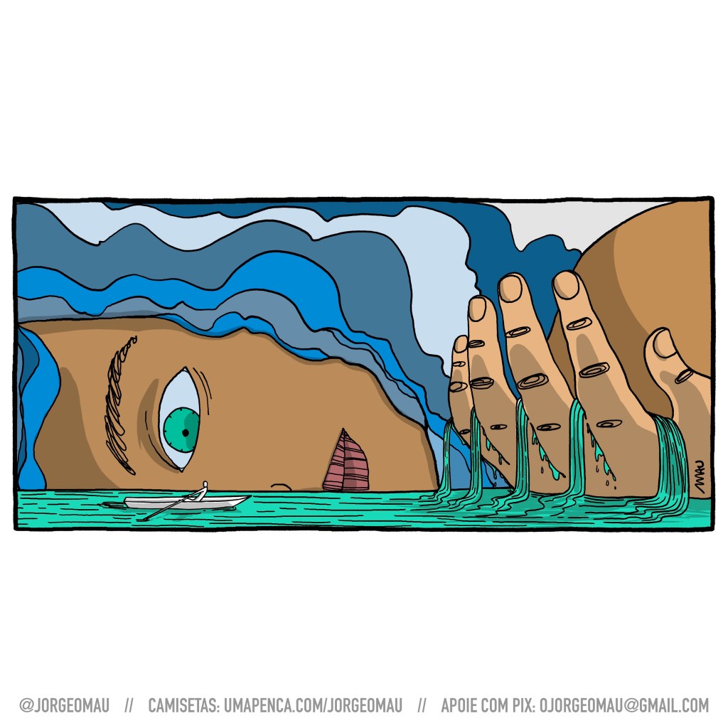 ilustração - um homem rema sua canoa contra a corrente, que flui das águas que escorrem por entre os dedos de uma gigante. ela está deitada e observa, sorrindo, o esforço do remador. dela se vê apenas a mão, metade do rosto, cabelos e ombro. seus olhos são esverdeados, de mesma cor da água, e seus cabelos tem tons de azul acinzentado.