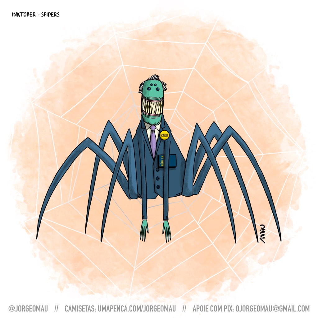 ilustração - inktober - spiders - sobre a teia está um ser aracnídeo, vestindo o paletó do terno, camisa e gravata. há uma bíblia embaixo de um dos braços e na lapela do paletó um broche onde se lê: conselho tutelar. o ser aranha sorri.