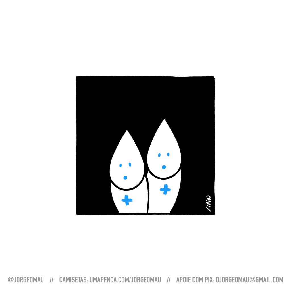  charge - no desenho há dois zés gotinhas com expressão de espanto. eles estão próximos um do outro e essa composição sugere a imagem de uma mulher vista de costas, onde as cabeças são as nádegas e os corpos são as coxas.