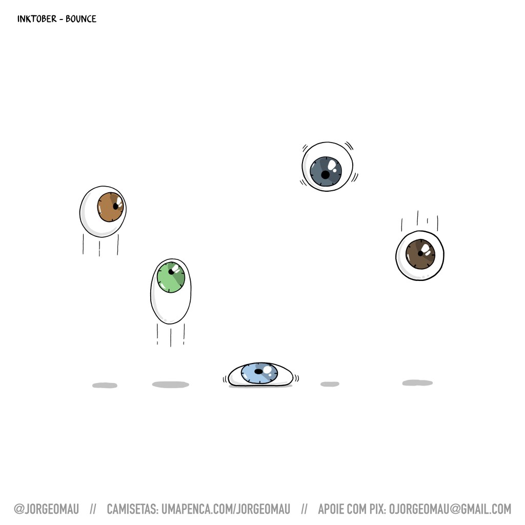 cartum - cinco olhos, de cores diferentes quicam no chão. um deles está parado no ar, no momento antes da queda, outro está no chão, deformado com a pressão da queda, e os outros estão subindo ou caindo.