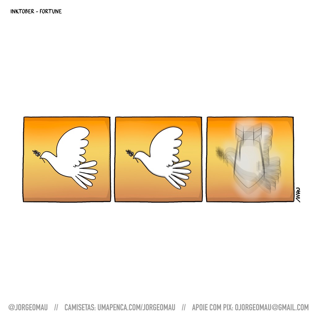 Cartum - desenho das três rodas de um caça níquel, a primeira está parada e tem o desenho de uma pomba branca, a segunda, também tem uma pomba branca e tem sua imagem tremida por que acabou de parar. a última ainda está rodando e é possível ver a sombra de duas imagens: a pomba branca e uma bomba caindo.