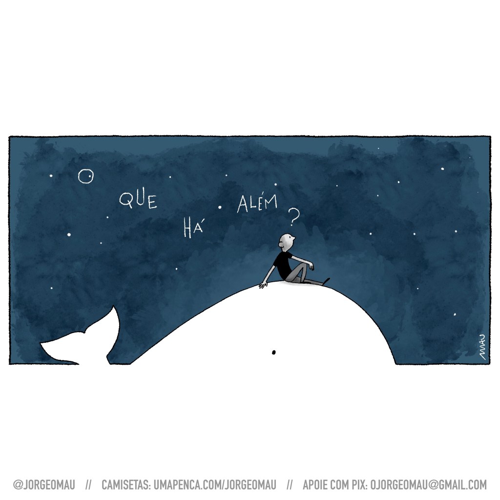 ilustração - um cara está sentado sobre uma baleia branca, no meio da noite, olhando as estrelas. sobre sua cabeça há um ponto de interrogação, que pontua a pergunta: o que há além?