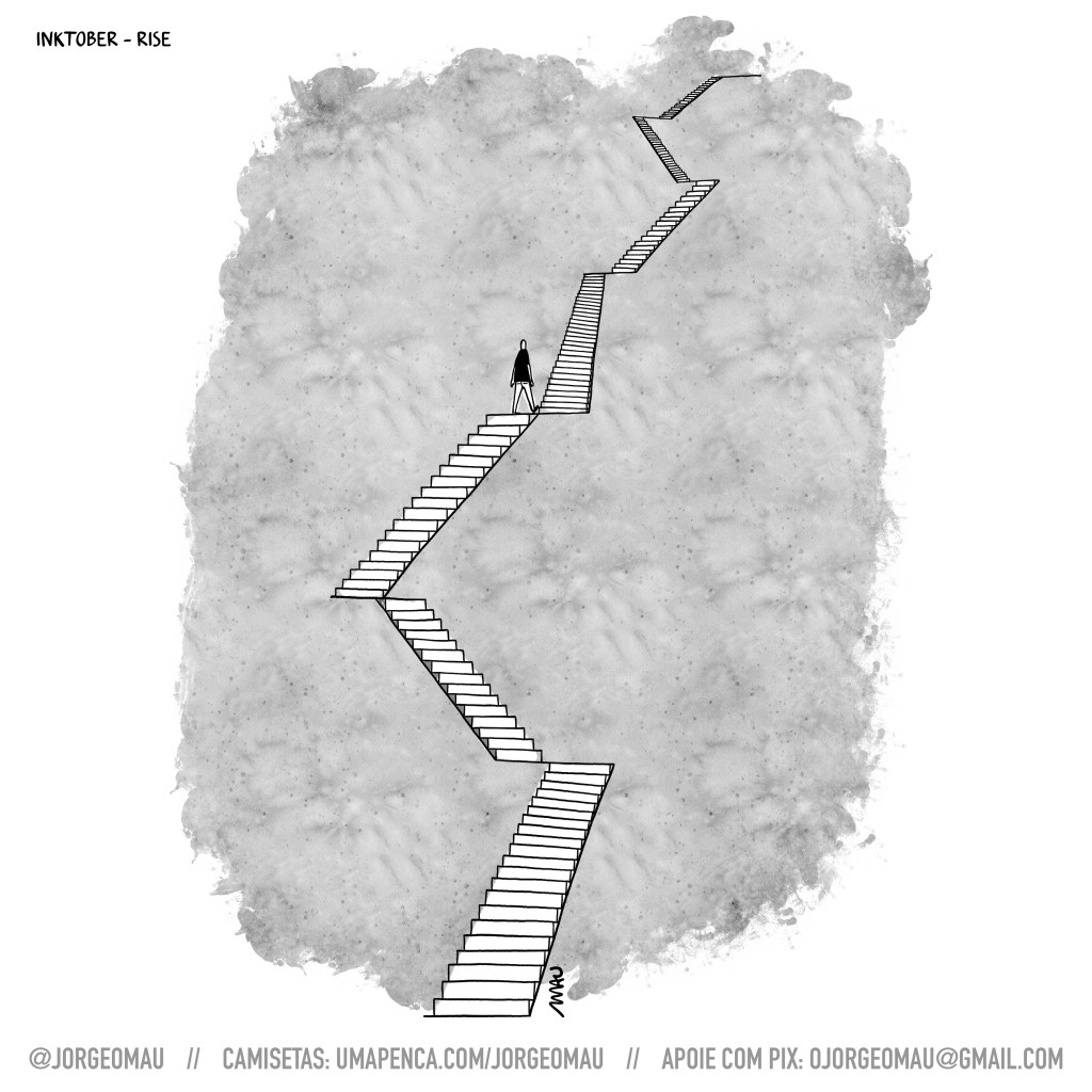 cartum - um homem acaba de subir o terceiro de sete lances de uma escada sinuosa.