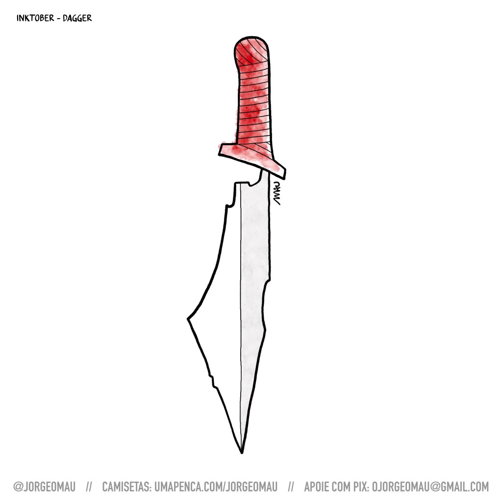 charge - um punhal com a lâmina voltada para baixo. o cabo está todo manchado de vermelho e a lâmina tem o formato do mapa palestina/israel.