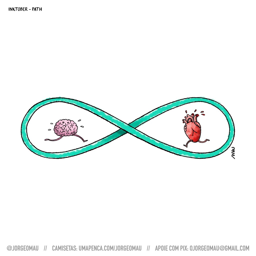 cartum - num símbolo do infinito, que parece um número 8 deitado, um cérebro e um coração correm em direção um ao outro, mas atentando-se ao caminho, percebe-se que correm um do outro.