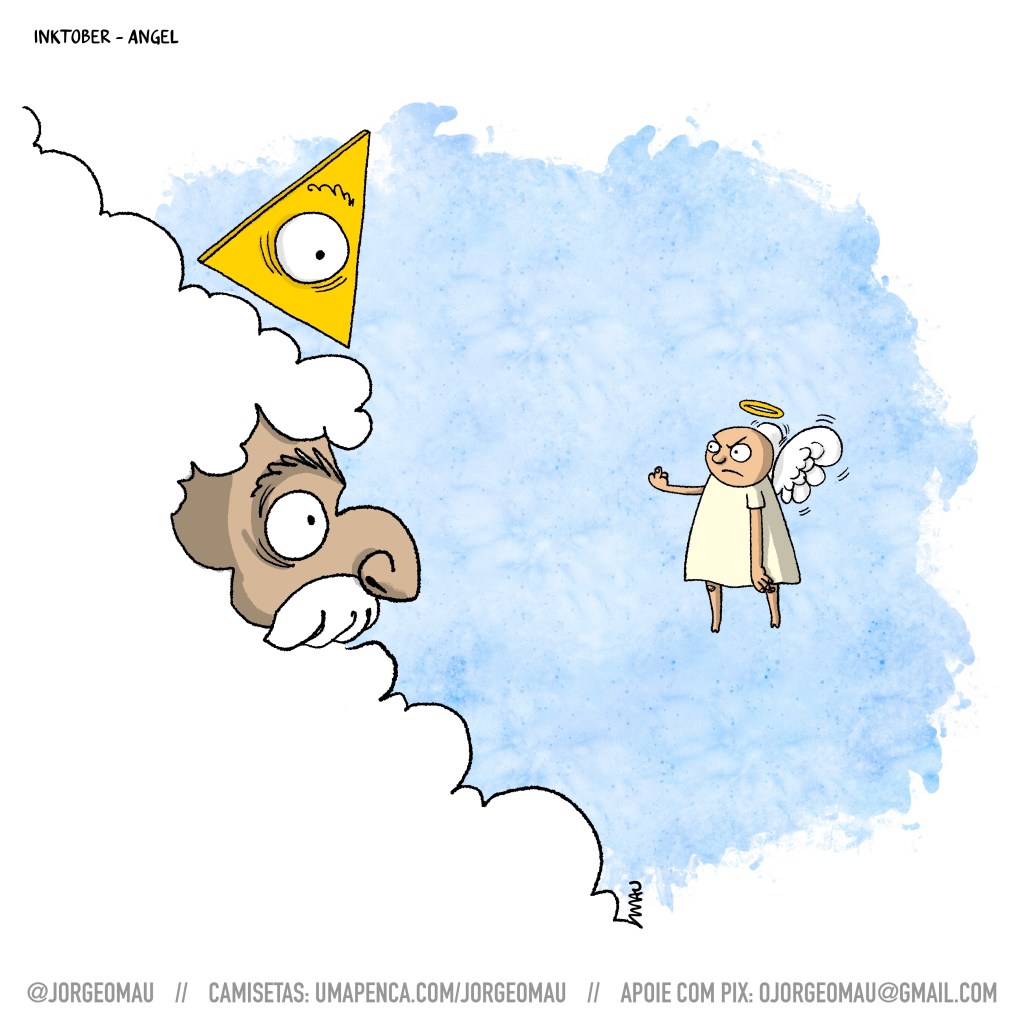 cartum - deus, perplexo, olha para um anjo que flutua à sua frente, mostrando-lhe o dedo do meio.