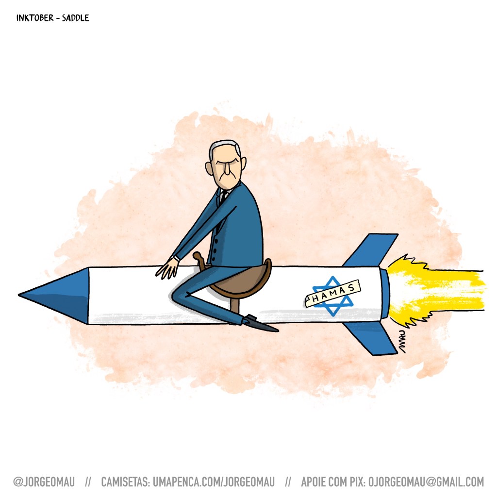 charge - benjamim está numa sela, que esta atrelada a um míssil em movimento. sobre o símbolo de isrrael, está colado um adesivo com o nome do grupo ramás.