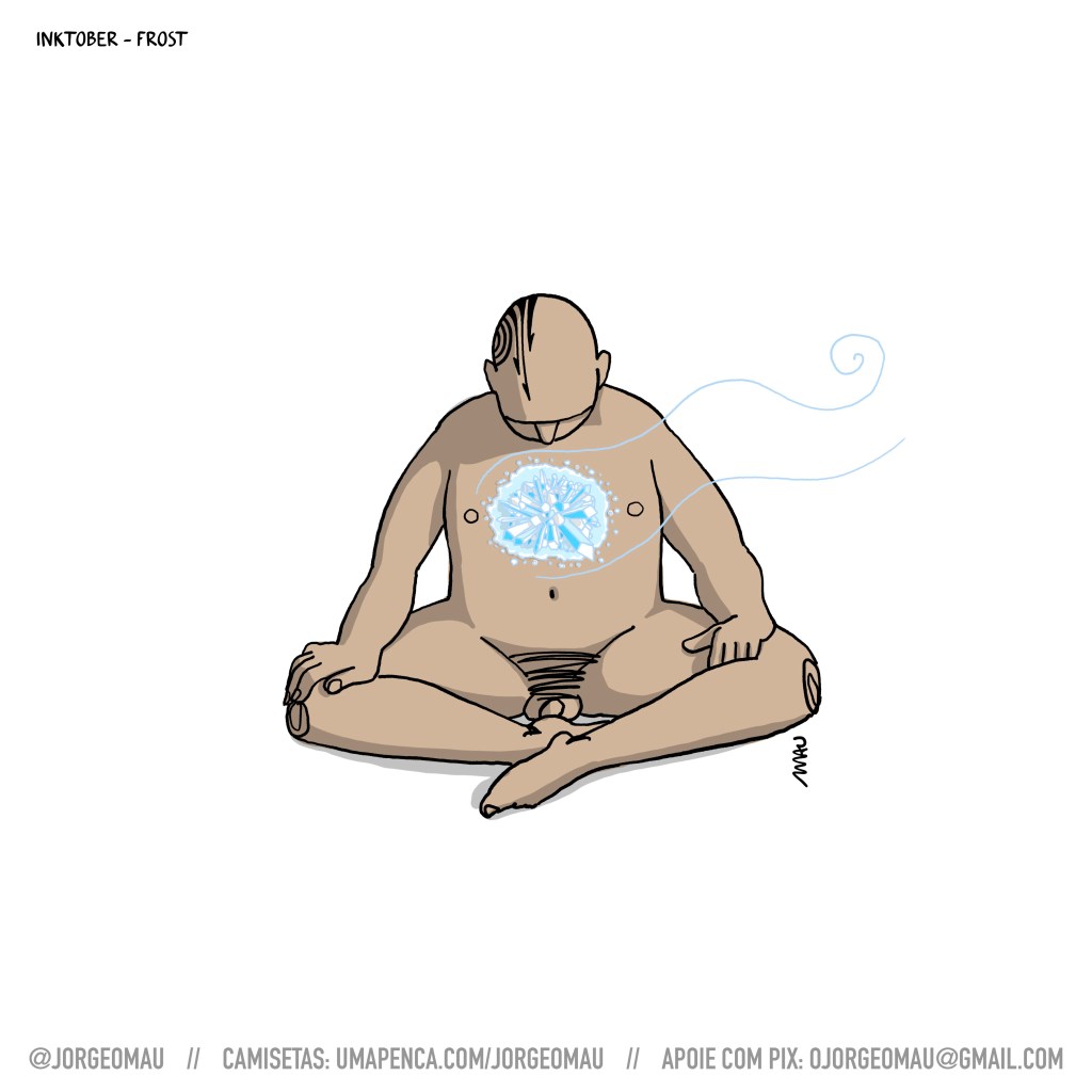 ilustração - um homem careca, com a cabeça tatuada, está sentado no chão, com as pernas abertas e flexionadas, os pés juntos. ele tem a cabeça baixa e olha para o próprio peito. de seu peito brotam cristais de gelo.