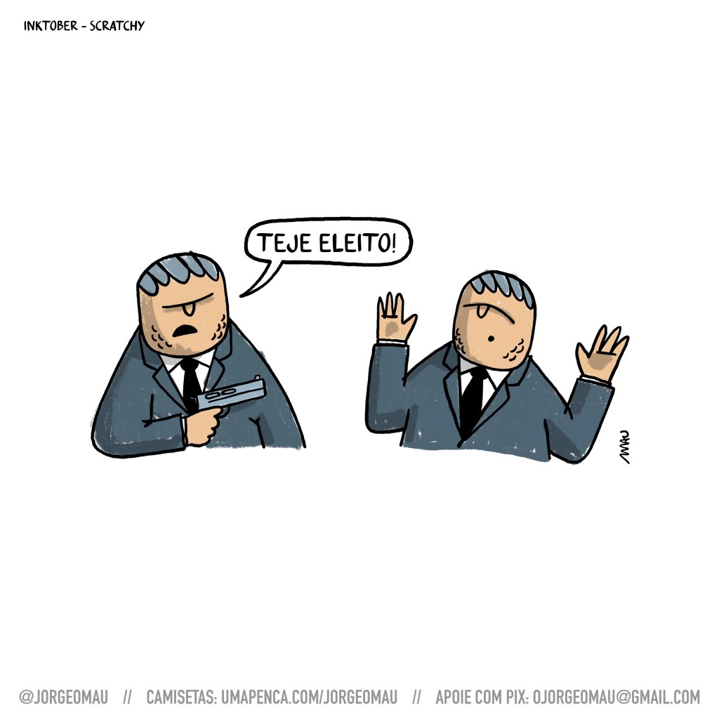 charge - um tarciso, aponta sua pistola para outro tarciso, que tem as mãos para o alto. o primeiro anuncia ao segundo: teve eleito!