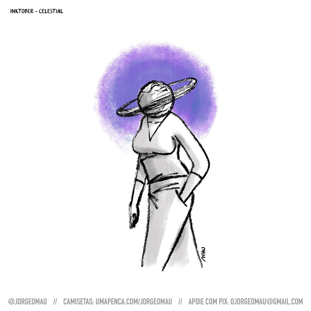 ilustração - uma mulher caminha com uma das mãos no bolso, ela veste uma blusa com gola em “v”. no lugar da cabeça, há um planeta com um anel em sua órbita. Há um fundo com tons de roxo e azul, apenas em volta do planeta.