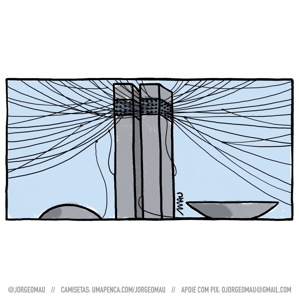charge - as torres do congresso nacional fazem a vez de postes, com inúmeros fios de gatonet conectados a elas.