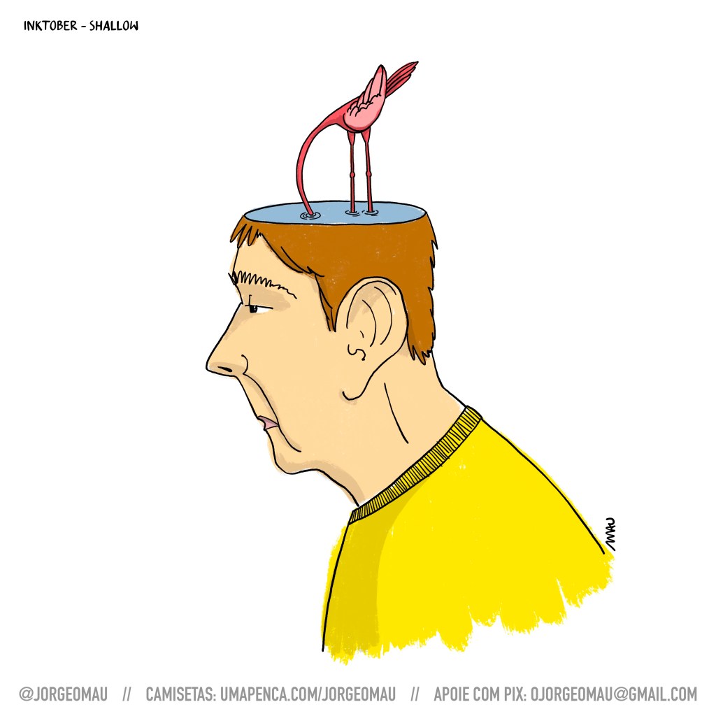 ilustração - o busto de um homem, que veste uma camiseta amarela, tem a tampa da cabeça cortada. um flamingo pesca, com a cabeça enfiada na água, no espelho d’água que ali se formou.