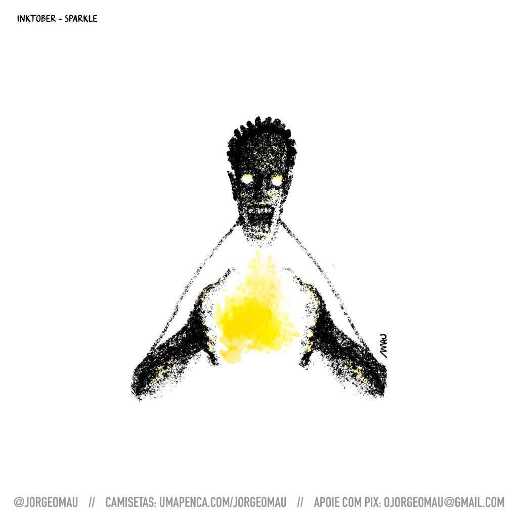 ilustração - homem negro, com curtas tranças no cabelo, segura uma esfera brilhante, que tem uma chama amarela dentro. a forte luz da esfera parece desintegrá-lo e deixa seus olhos completamente brancos. dele, no desenho, só aparecem os braços e a parte de cima do corpo.