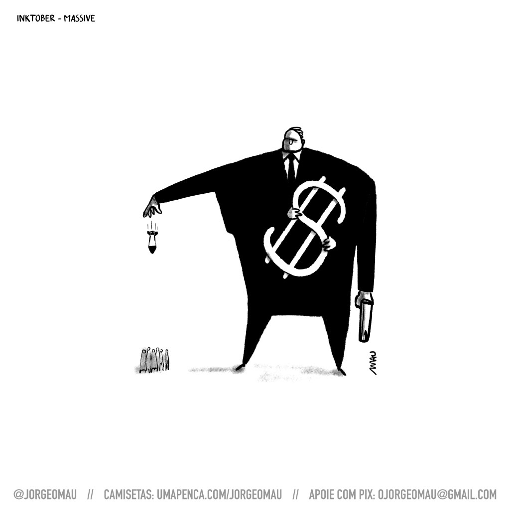 cartum - um gigante, com quatro braços, metido num terno, segura um grande cifrão com duas mãos. noutra mão há uma pistola, e a quarta mão solta uma bomba sobre um grupo de pequenas pessoas.