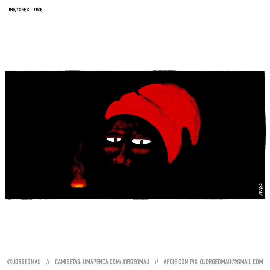 ilustração - num retângulo negro, o brilho da chama no pito. ele ilumina um rosto negro, que olha diretamente para quem vê. Vê-se também o gorro vermelho na cabeça do saci.