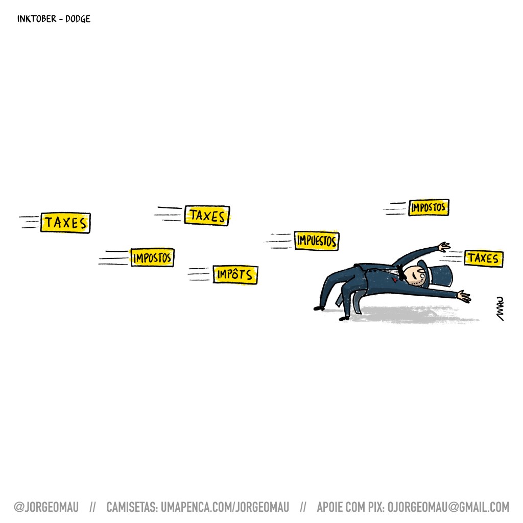 cartum - Tal qual Neo, do filme matrix, um bilionário, metido em seu fraque e usando cartola, dobra seu corpo para trás desafiando a gravidade, para se esquivar de impostos que vêm em sua direção.