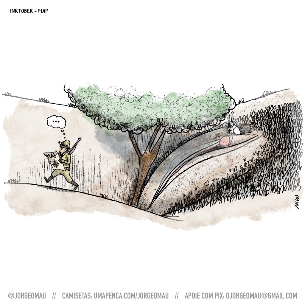 cartum - um caçador caminha, segurando um mapa, aparentemente sem saber para onde está indo. o cenário é parte do corpo de uma mulher, misturado à paisagem. à direita, dominando metade da cena está o sexo dela e na metade esquerda está o caçador, que caminha sobre sua coxa. há uma árvore no meio do desenho, posicionada na virilha. um coelho observa o caçador, sentado sobre o clítoris.