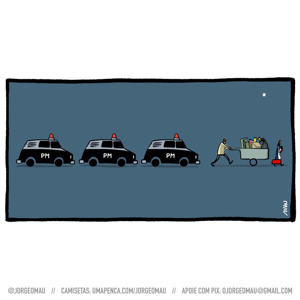 charge - no escuro da noite, três viaturas da pm escoltam uma família de moradores de rua. o pai está empurrando a carroça e à frente vai a mãe com uma criança no colo. sobre eles uma única estrela brilha no céu.