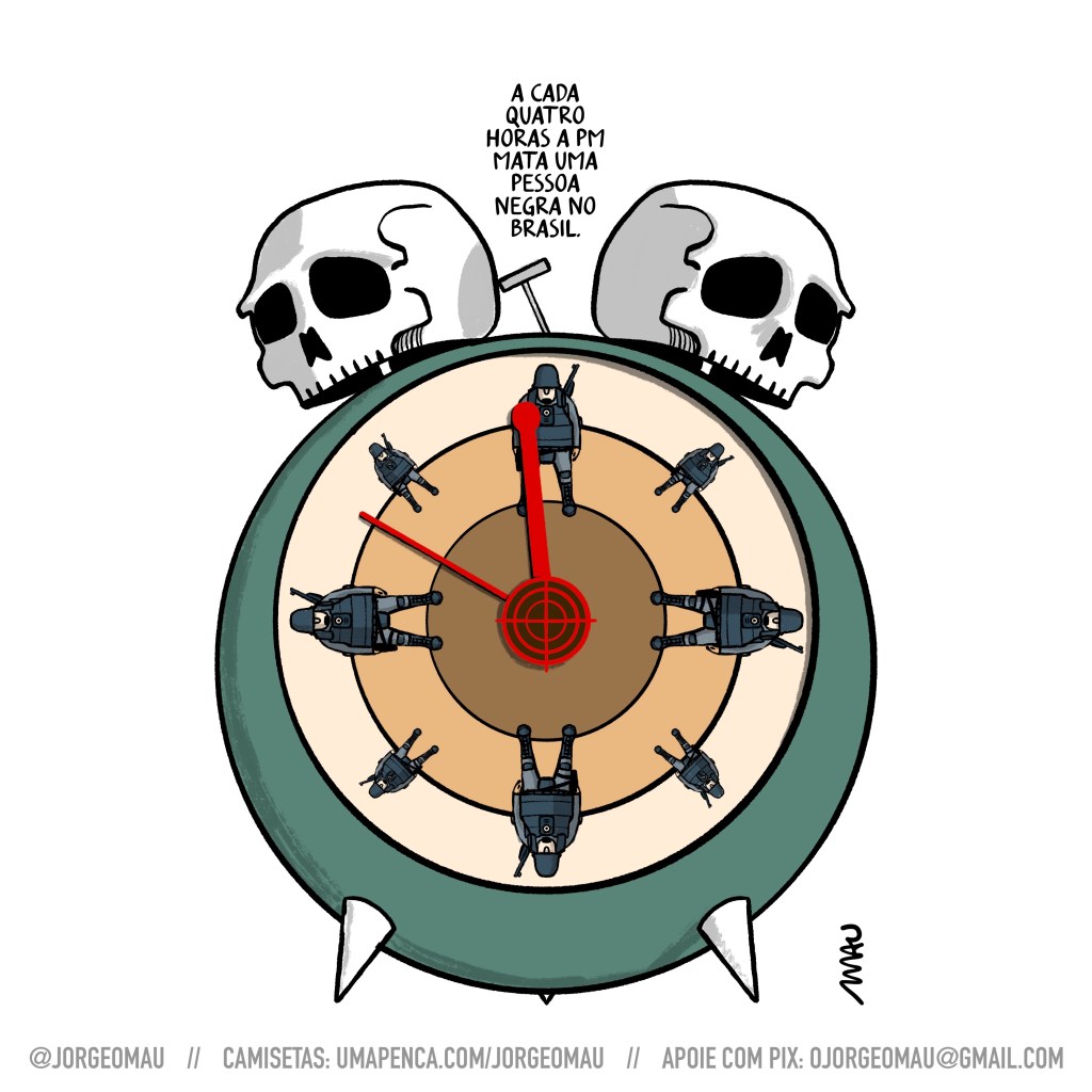 charge - um relógio despertador, no lugar dos sinos dois crânios, os mostradores são 8 policiais, quatro maiores, em posição de cruz e quatro menores que formam um X. o ponteiro de horas está quase no meio dia e para cobrir a câmera do policial. O fundo do relógio tem uma escala de cores com tons de pele, indo da pele clara na borda, para a pele negra que está no centro de uma mira vermelha, que sustenta os ponteiros também vermelhos. Entre os crânios o texto: a cada quatro horas a PM mata uma pessoa negra no Brasil.