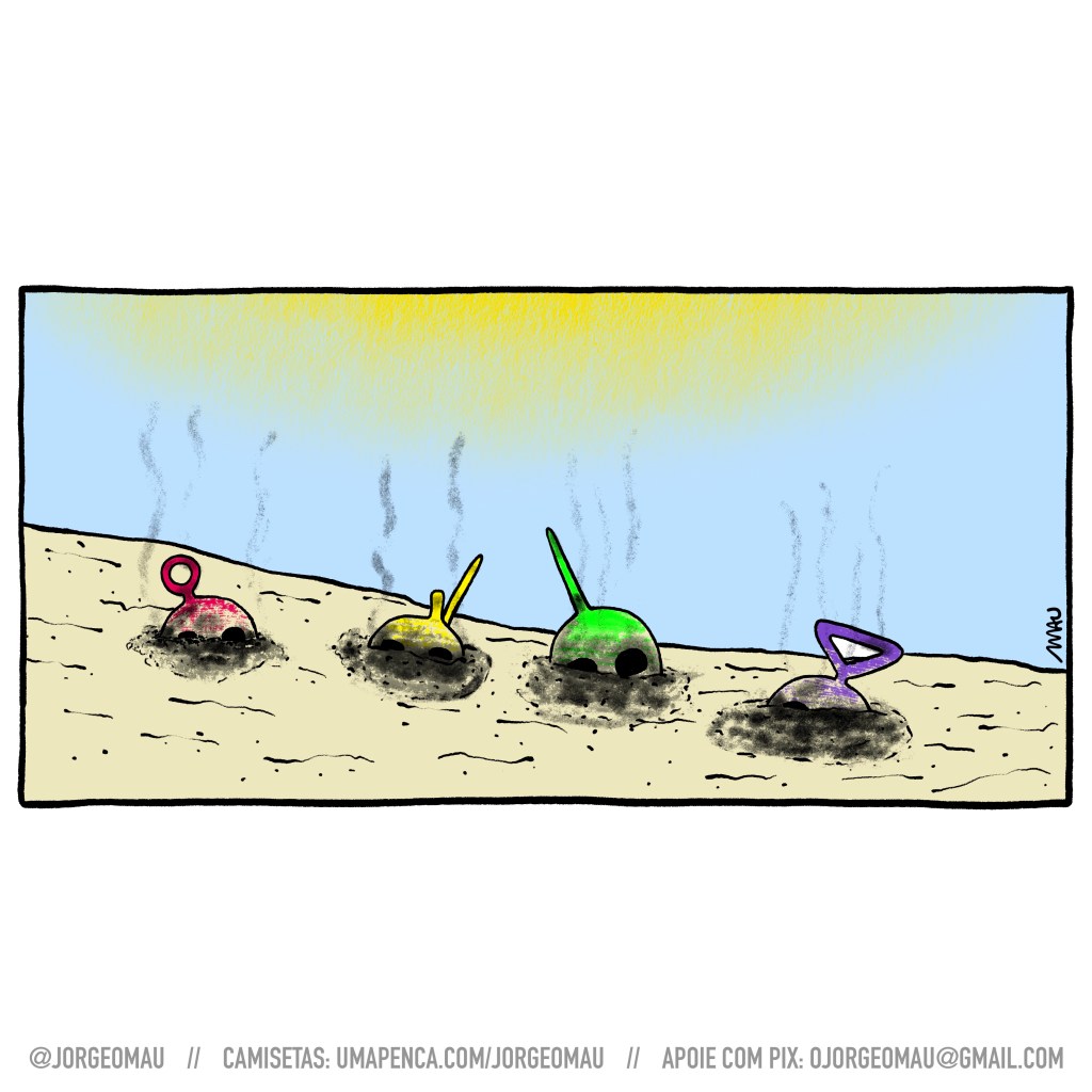 cartum - numa, outrora verde, colina, há quatro montes de cinza fumegantes e sobre eles dá pra ver as quatro antenas dos teletubbies. Acima deles se vê o brilho do sol.