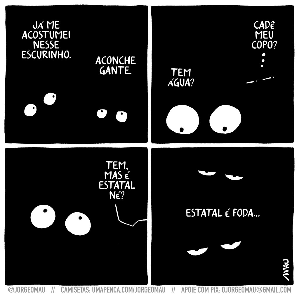 Tira em quatro quadros - 1º quadro, no escuro, duas pessoas conversam e só seus olhos aparecem. uma delas diz: já me acostumei nesse escurinho. aconchegante. responde a outra. 2º quadro, com os olhos bem próximos, uma delas pergunta: tem água? no fundo, um par de olhos apertados pensa: onde está meu copo? 3º quadro, a pessoa continua procurando sua água e seus olhos são os únicos no quadro. longe a outra responde: tem, mas é estatal, né? 4º quadro, dois pares de olhos debochados em uníssono: estatal é foda…