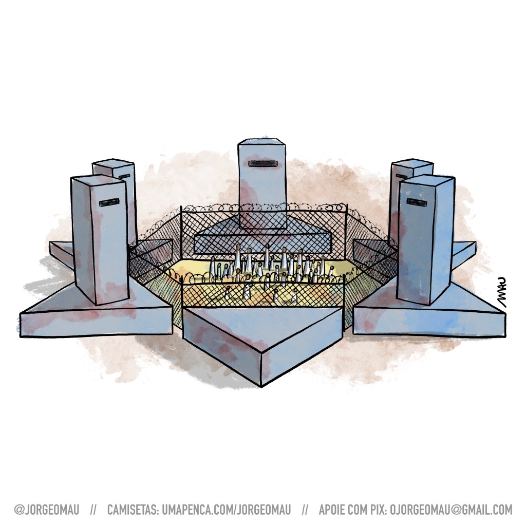 charge - uma prisão com cinco torres de base triangular e uma estrutura triangular, circundam um alambrado hexagonal com arame farpado em toda sua volta. a estrutura toda forma a estrela de davi, símbolo do estado de israel e há um grupo de adultos e crianças presas dentro do alambrado.