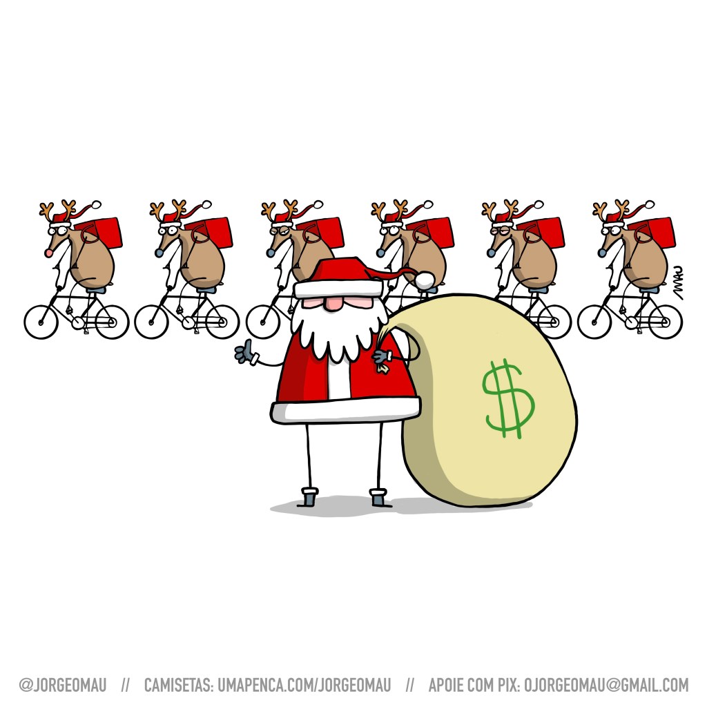 cartum - papai noel está a frente, segurando um saco de dinheiro, fazendo joinha, enquanto atrás dele as renas, em fila, pedalam bicicletas e levam nas costas mochilas de entregador de aplicativo.