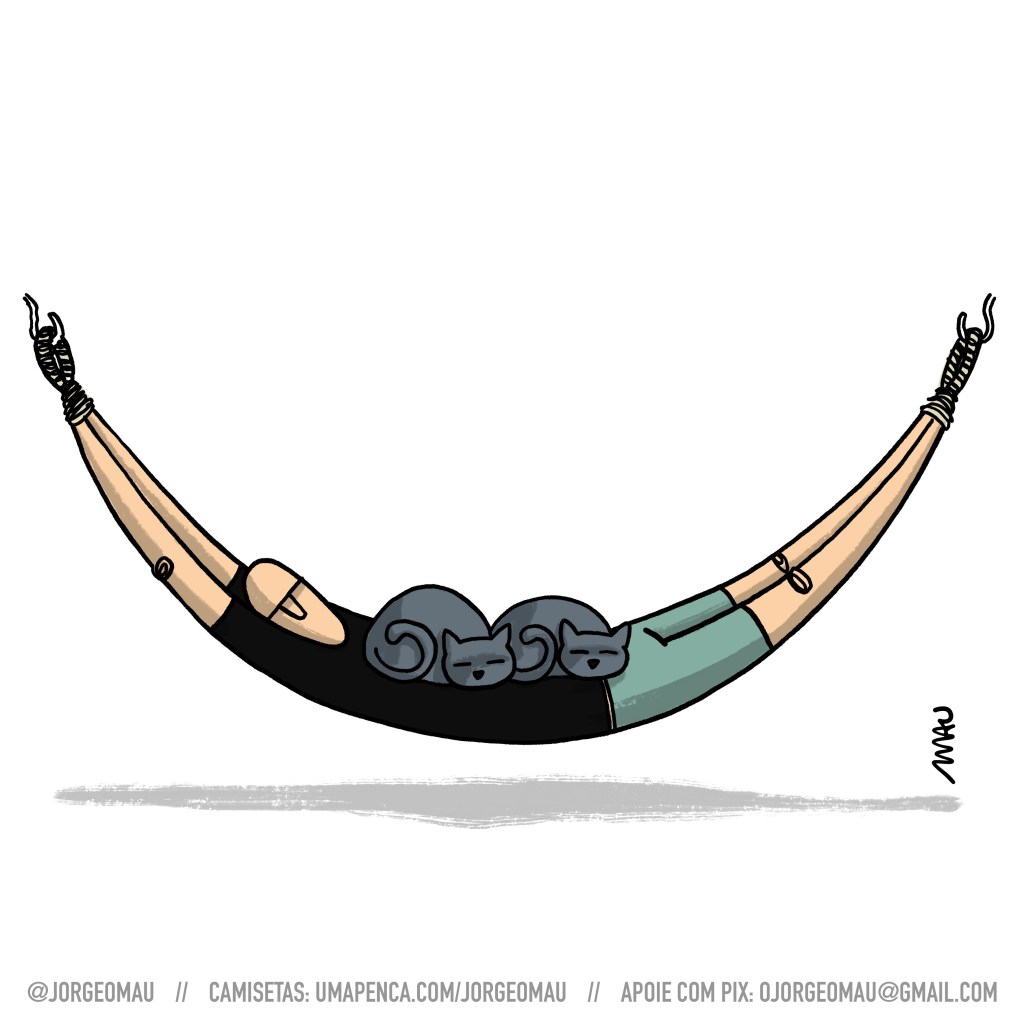 cartum - dois gatos estão tirando um cochilo numa rede e a rede é um cara, amarrado pelos pés e pelas mãos.