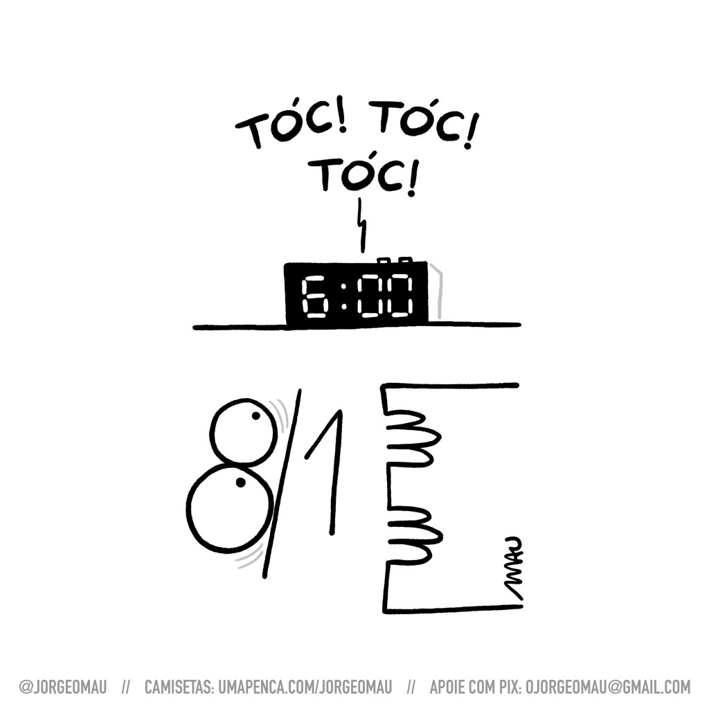 charge - abaixo de um relógio despertador, que marca “6:00” e toca um alarme diferente “tóc! tóc! tóc!”, uma pessoa olha assustada para o despertador, enquanto segura a coberta próxima ao rosto. os olhos e o nariz da pessoa são formados pela data: 8/1.