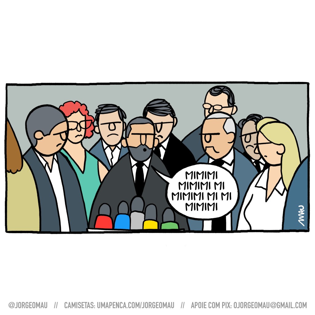 charge - o deputado jordy dá uma coletiva de imprensa, após busca e apreensão conduzida pela PF, ele está cercado por outros parlamentares bolsonaristas, todos com cara de bunda. ele fala, tendo vários microfones da imprensa à sua frente: mimimi mimimi mi mimimi mi mi mimimi.