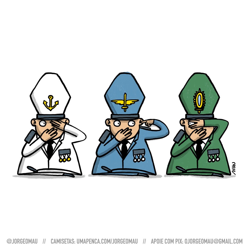 charge - paródia da fábula dos três macacos sábios - três oficiais, marinha, aeronáutica e exército, estão sentados no chão e todos eles tem uma das mãos sobre a boca. o da aeronáutica também cobre um dos olhos com a outra mão, o da marinha está com o indicador da outra mão enfiado na orelha e o do exército, cobre os dois olhos com o outro braço, mas olha com um dos olhos, por entre os dedos, para os outros que o observam.