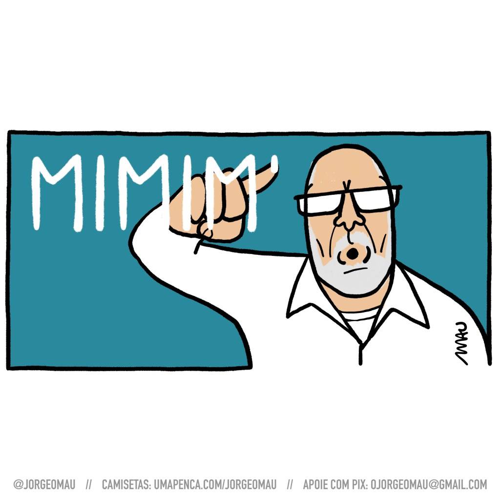 charge - alão dos santos, blogueirinho facho, gesticula no ar com o dedo em riste, escrevendo: mimimi.