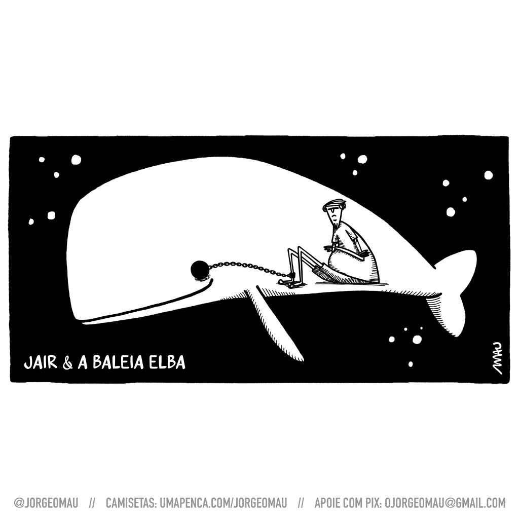 charge - jair e a baleia elba - sobre fundo preto, uma baleia branca sorrindo com um jair, sentado de braços cruzados, de bermuda, chinelos e camiseta, dentro dela. o olho da baleia é a bola de ferro no final da corrente presa ao tornozelo dele.