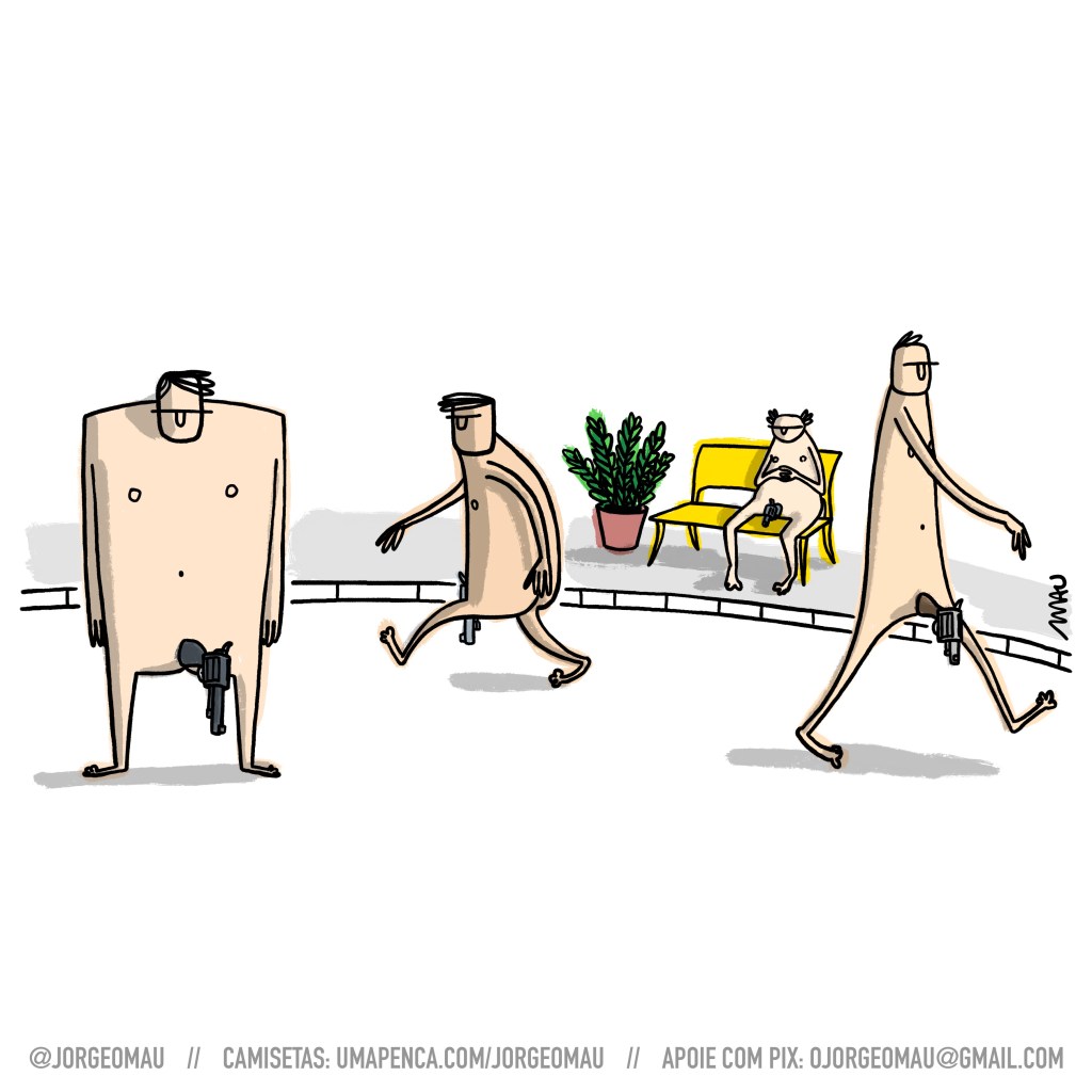 cartum - quatro homens estão numa praça, um deles está parado, dois caminham em direções opostas e o último está sentado num banco. todos eles tem um revólver no lugar do pinto.