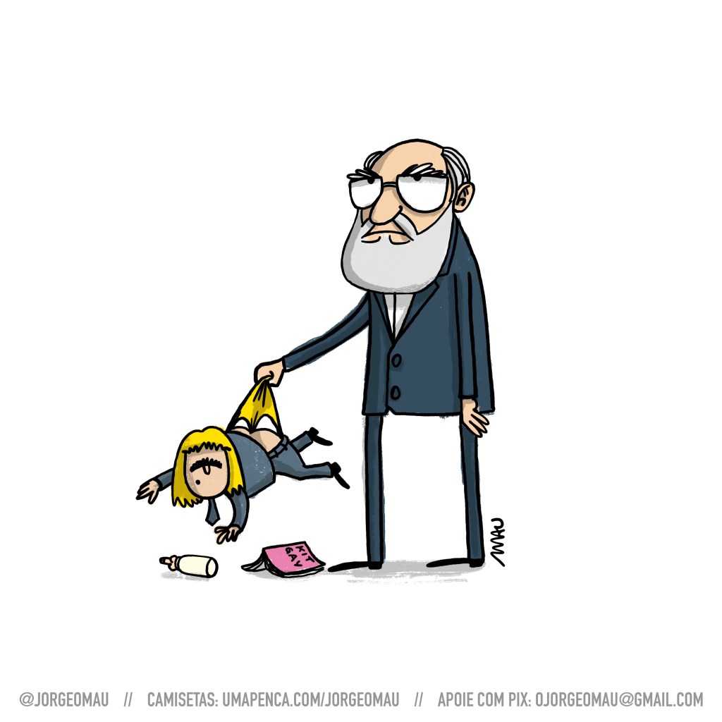 charge - paulo freire, pistola, segura pelas cuecas, suspenso no ar, o deputado chupetinha que usa sua peruca loira. Abaixo do chupetinha, caídos no chão, estão uma mamadeira de piroca e um kit gay.