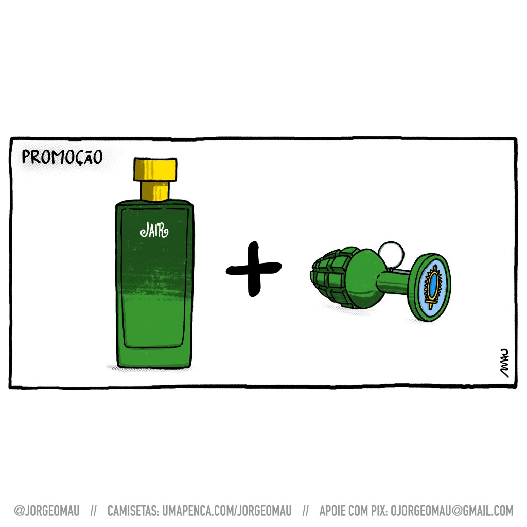 charge - sob o título “promoção”, há um frasco de perfume verde, com tampa amarela, com a inscrição “jair”. ao lado há um sinal de adição e ao seu lado, um plug anal, em formato de granada, com o brasão do exército na extremidade.
