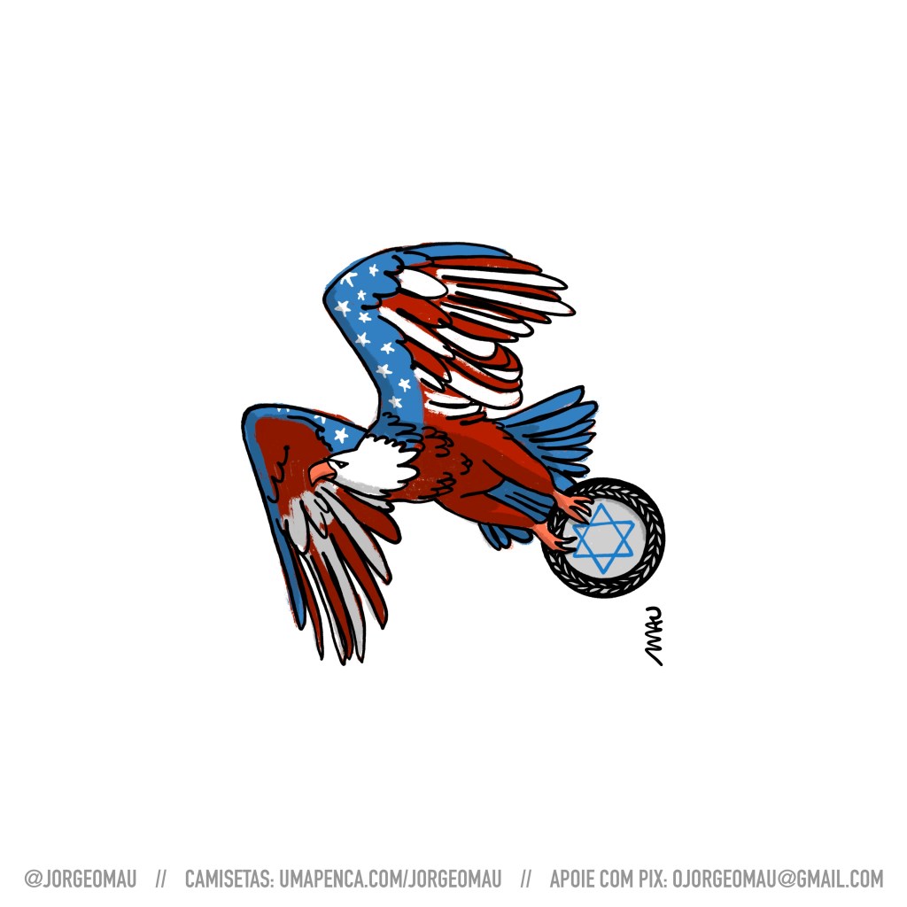 charge - uma águia, colorida com as cores da bandeira norte-americana, voa segurando com as garras um disco com o símbolo do estado de isrrael, numa paródia da águia do 3º reich.