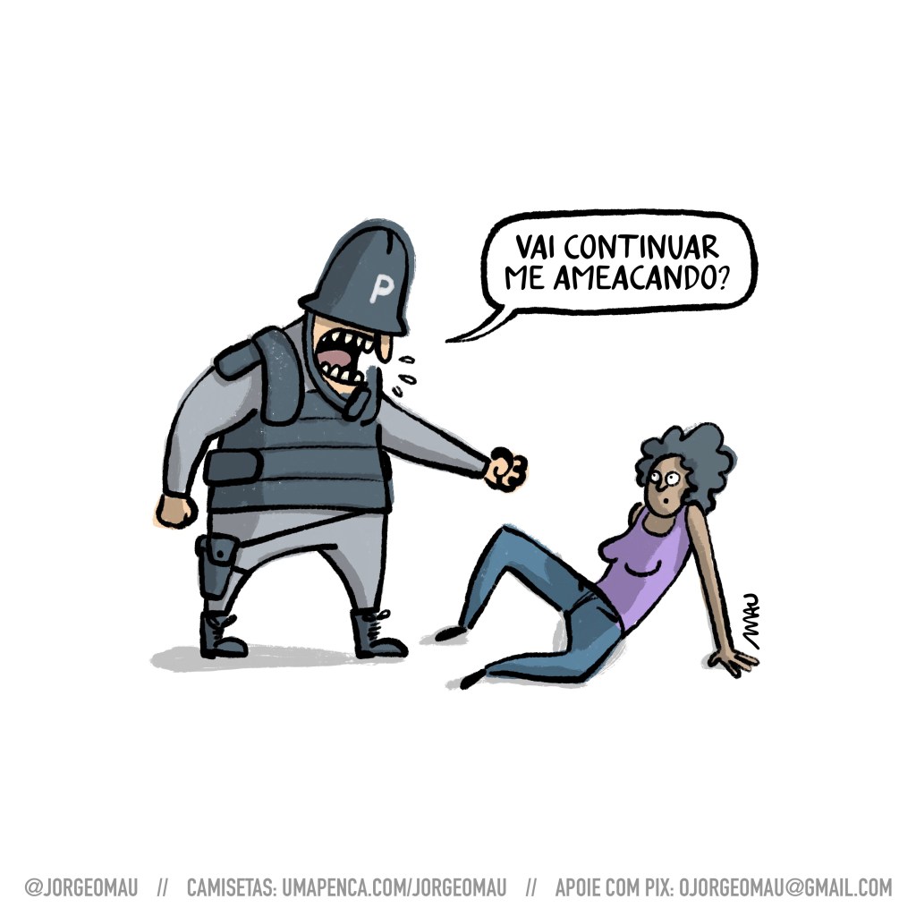 charge - um soldado da polícia pergunta ameaçadoramente para uma mulher que está sentada no chão: vai continuar me ameaçando?