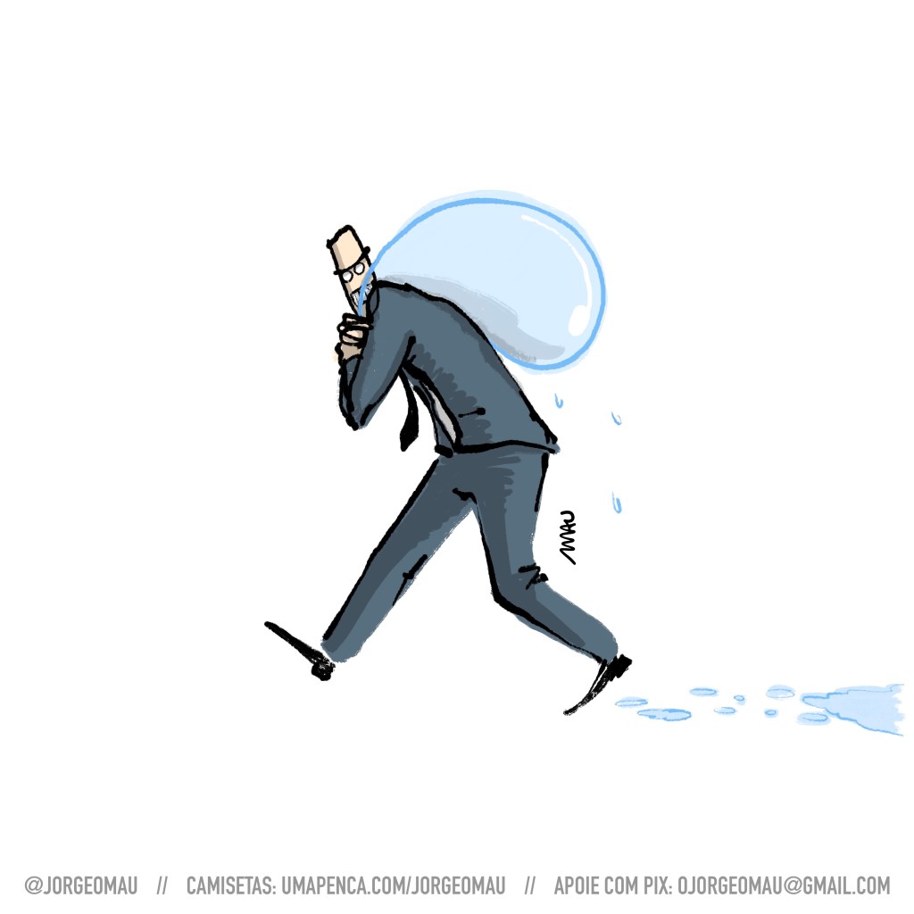 charge - homem engravatado carrega uma grande gota d’água, sobre o ombro, como um ladrão que leva o butim embora.