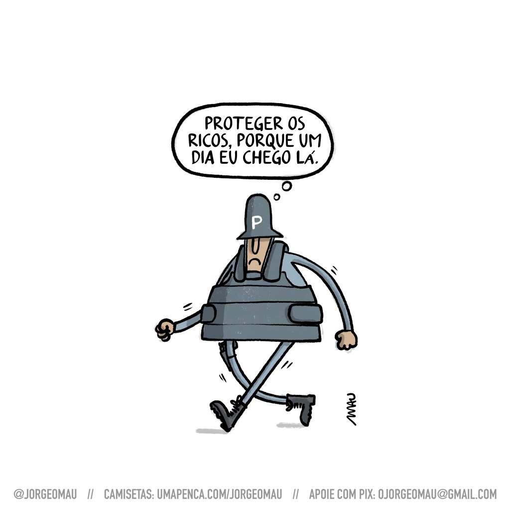 charge - um soldado, vestindo sua farda, colete e capacete, anda decidido. ele pensa: proteger os ricos, porque um dia eu chego lá.